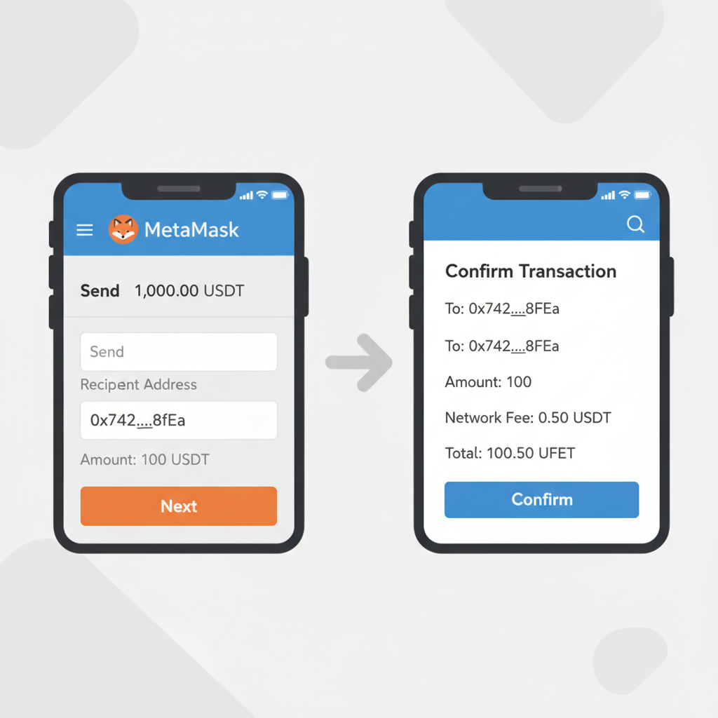 External wallet app like MetaMask sending USDT to pasted address, transaction confirmation