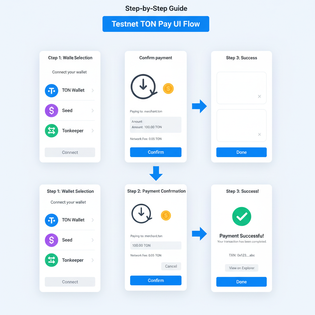 screenshot sequence of testnet TON Pay UI flow: wallet select, payment confirm, success screen