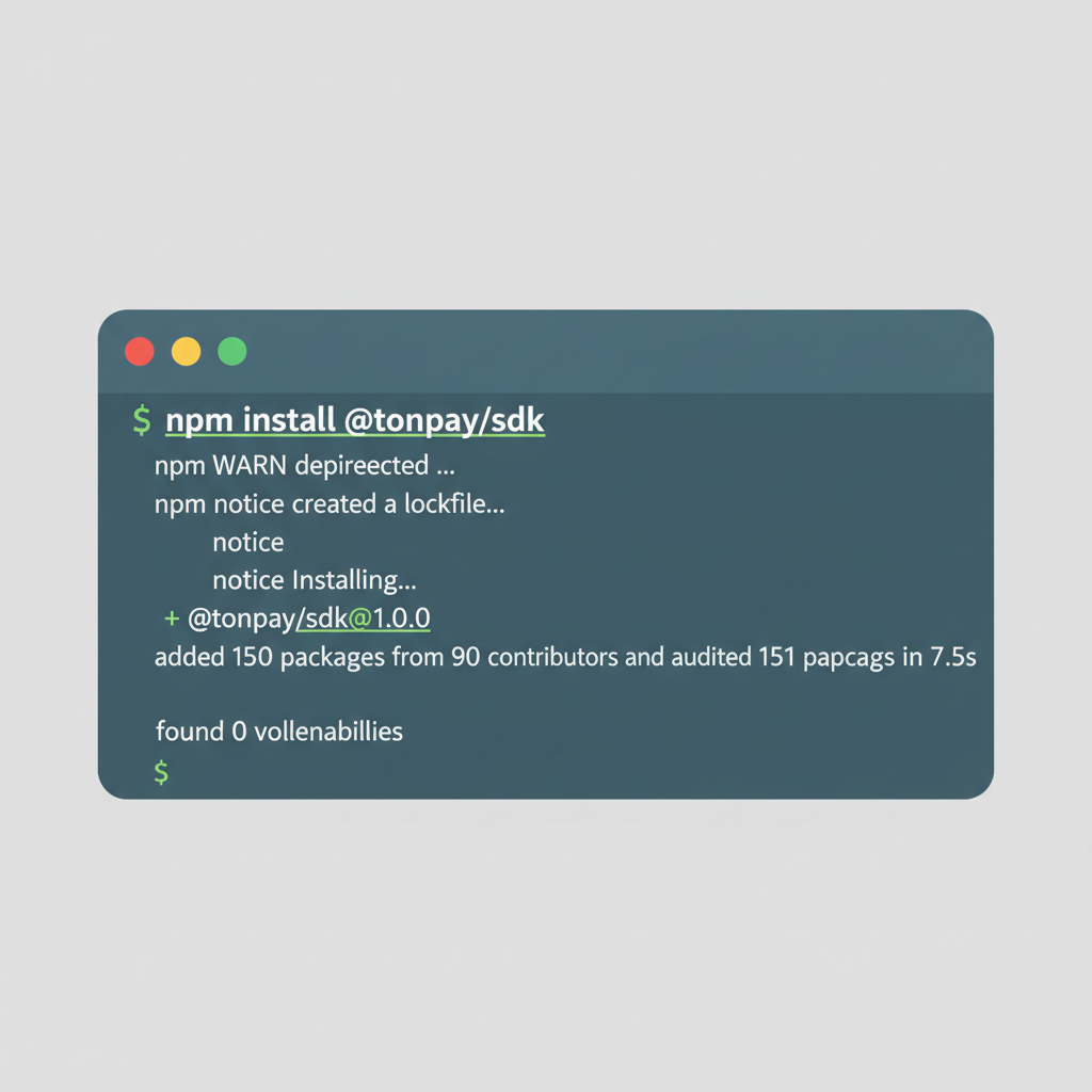 clean terminal screenshot running npm install @tonpay/sdk command