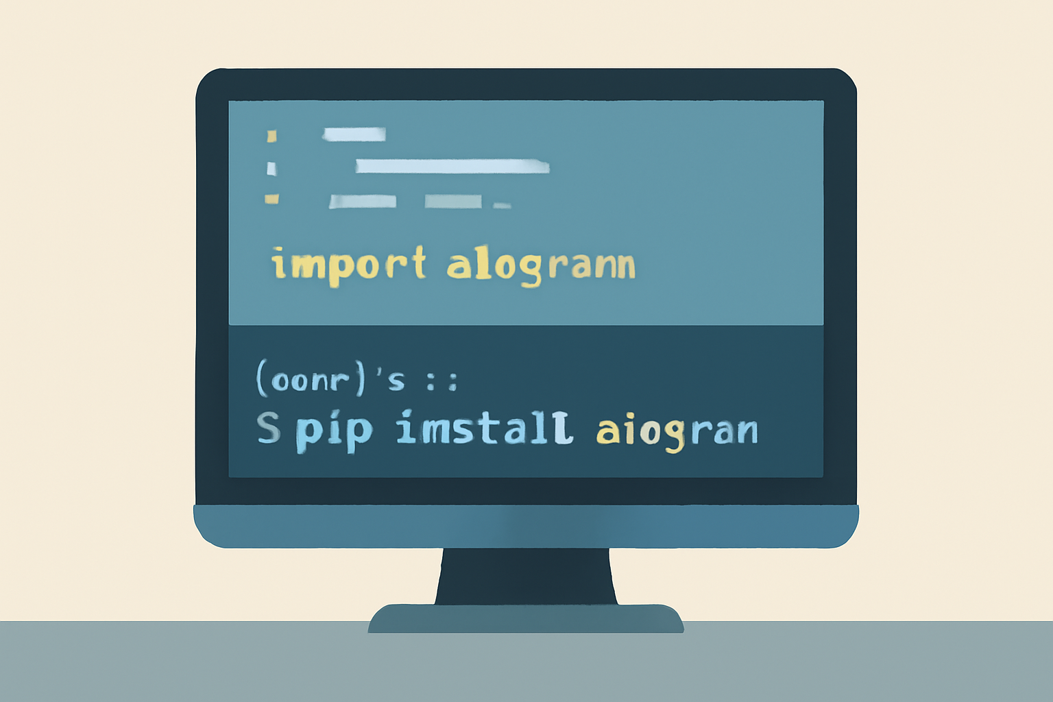 A computer screen showing Python code editor with aiogram library being installed via terminal