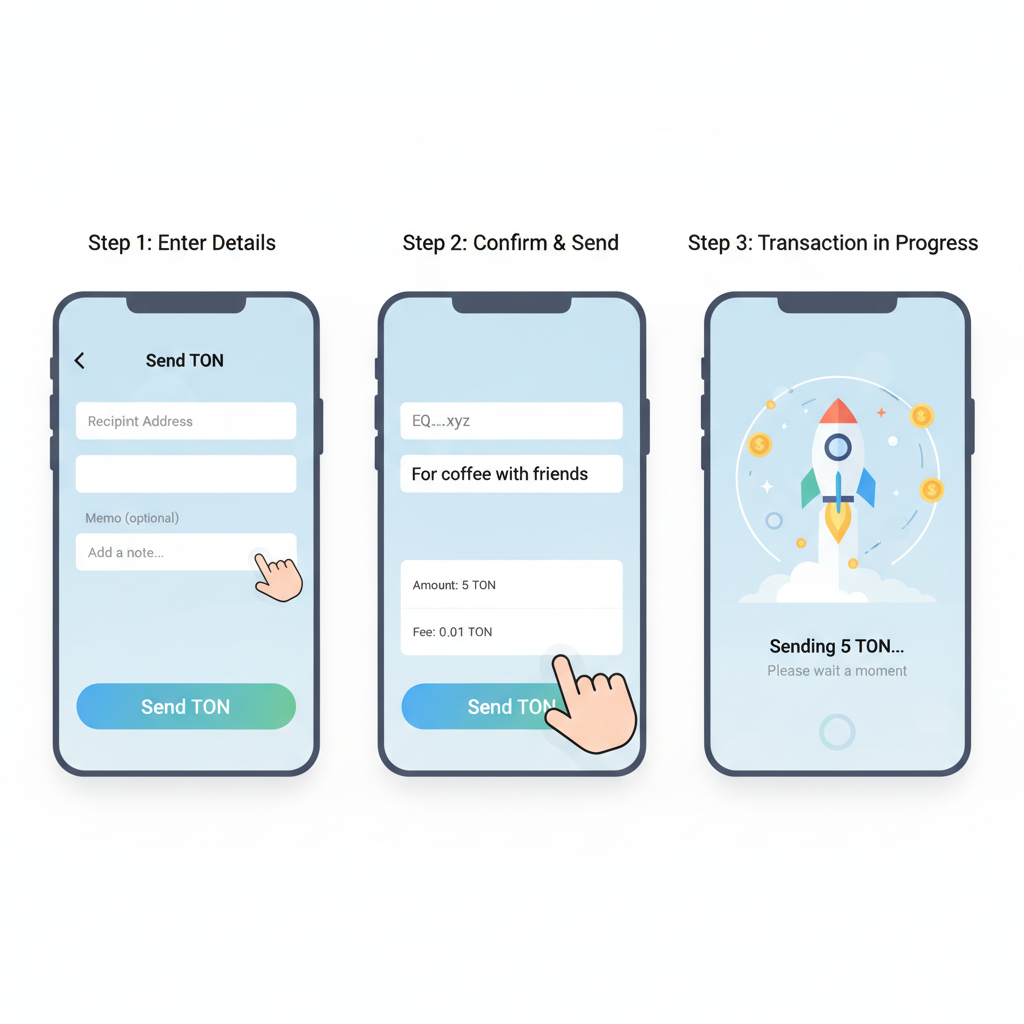 Mini App UI with send TON button, memo input, transaction animation