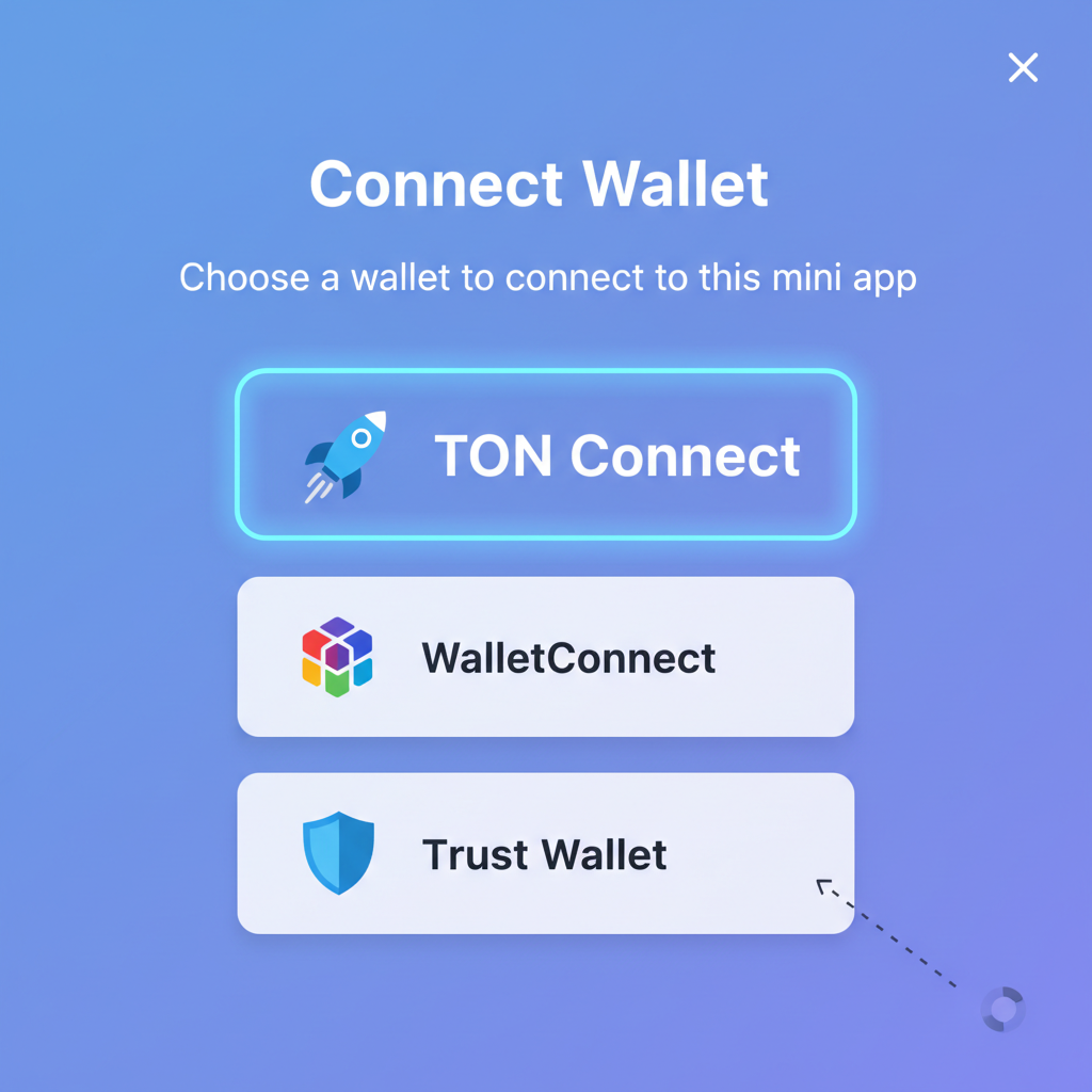 Telegram mini app wallet connection interface with TON Connect button highlighted