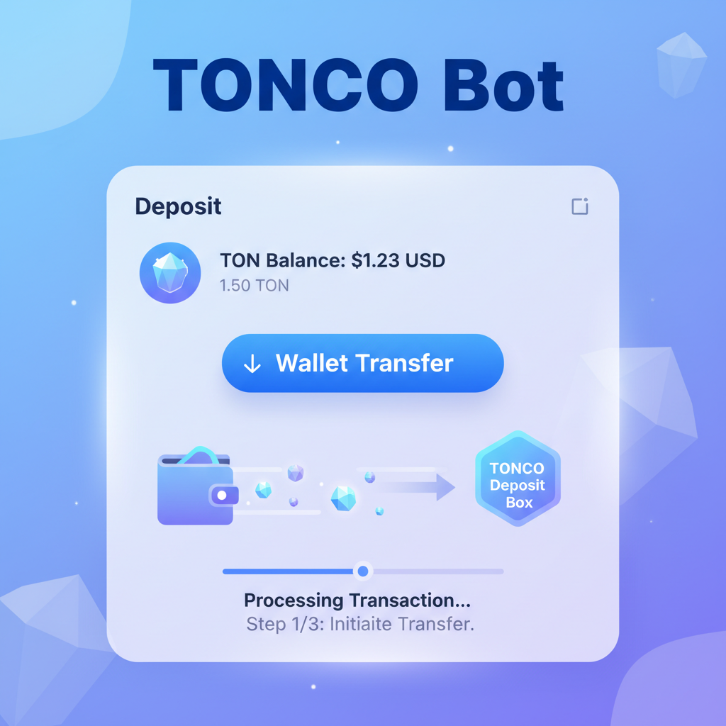 TONCO bot deposit screen with TON balance at $1.23 price, wallet transfer animation, glowing crystals