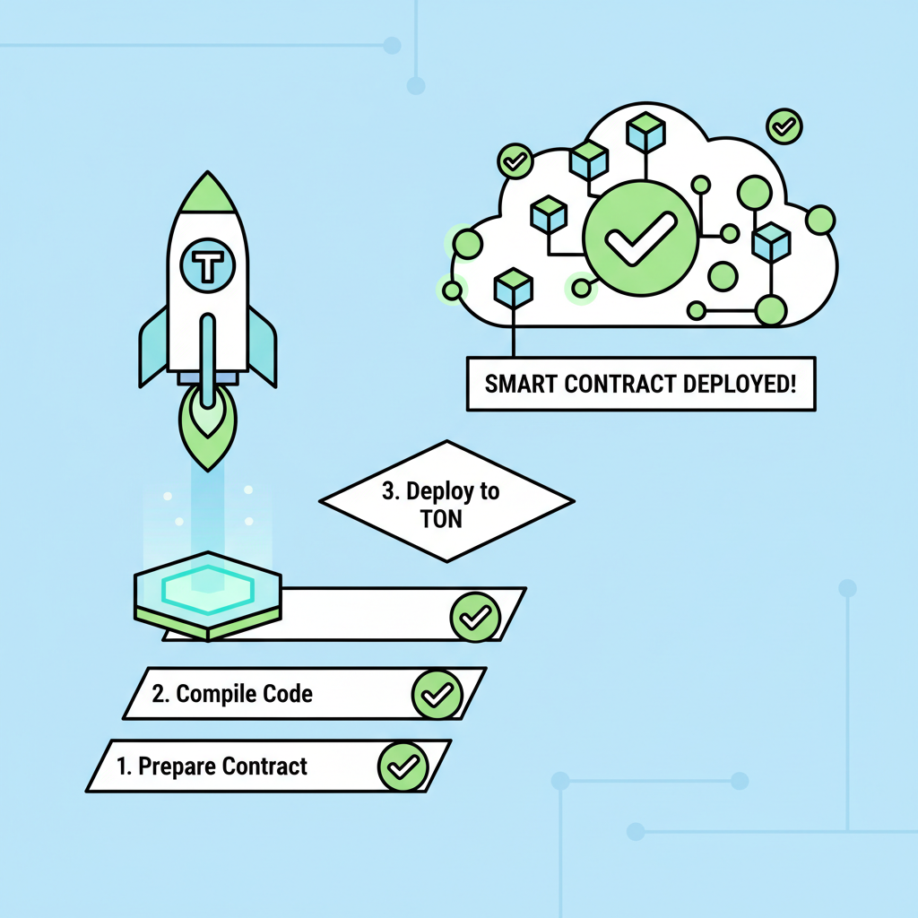 deploying smart contract to TON blockchain, rocket launch visualization, green success checkmarks