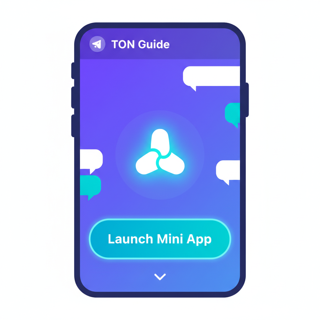 vibrant Telegram app screen showing mini app launch button with TON logo glowing