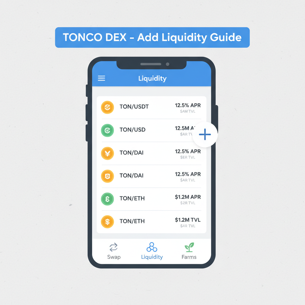 Tonco DEX app with Liquidity tab selected, pool list visible, intuitive navigation bar