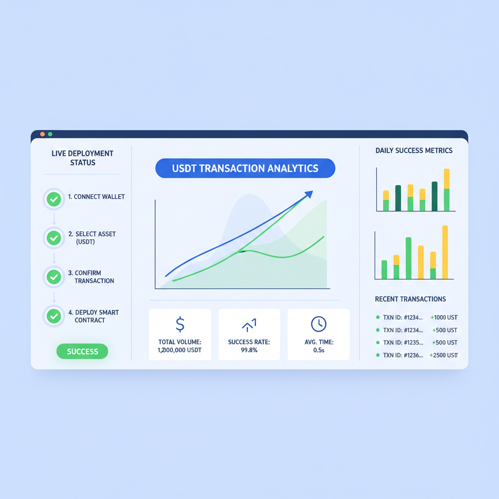 Live deployment screen, analytics dashboard with USDT transactions, success graphs