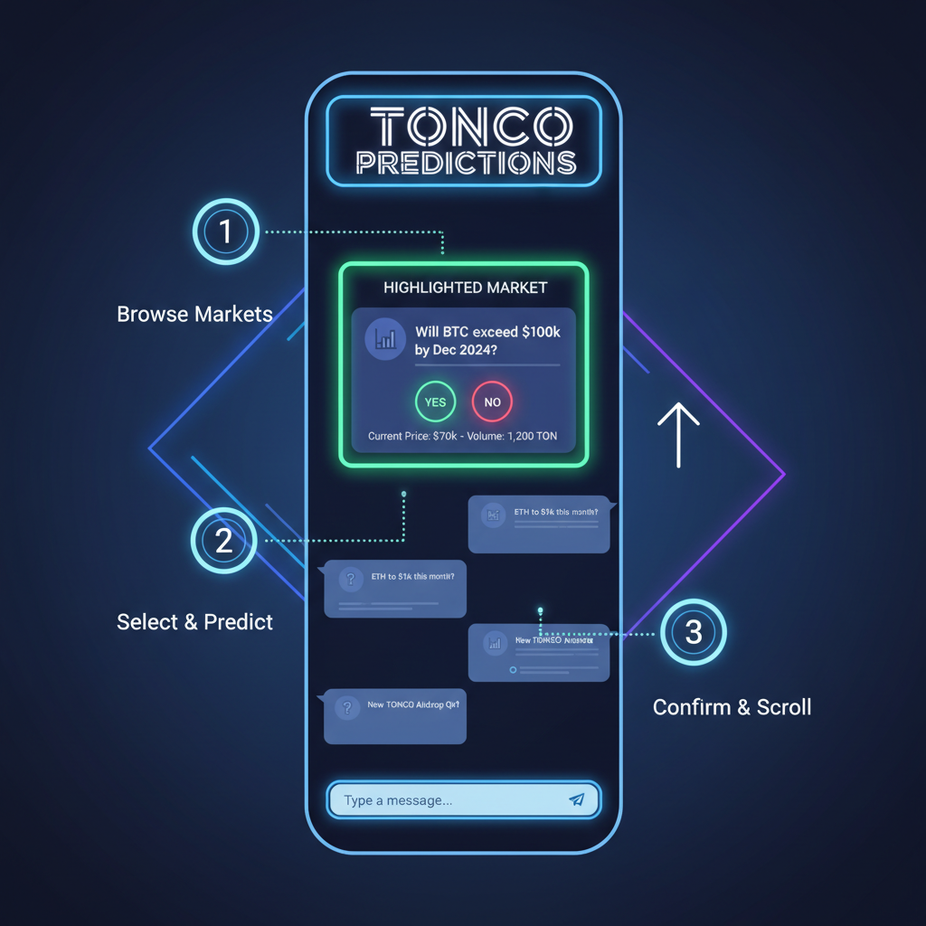TONCO prediction markets list scrolling UI, highlighted market card, Telegram chat style, neon accents