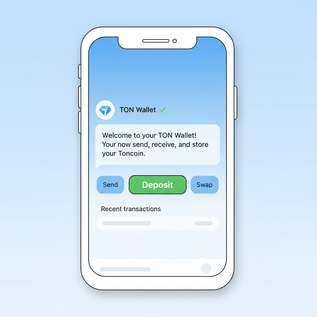TON Wallet interface in Telegram with Deposit button prominent, clean mobile screen