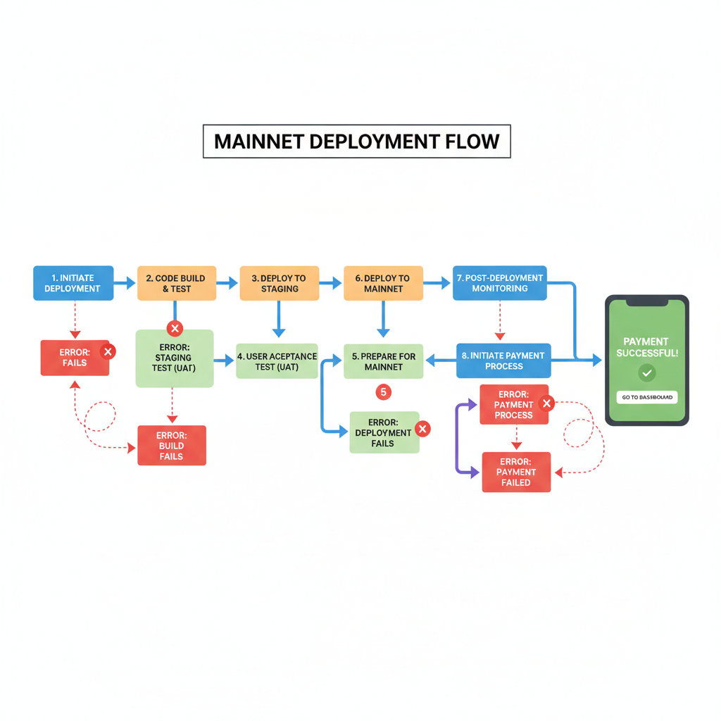diagram of mainnet deployment flow with error handling branches and success payment UI