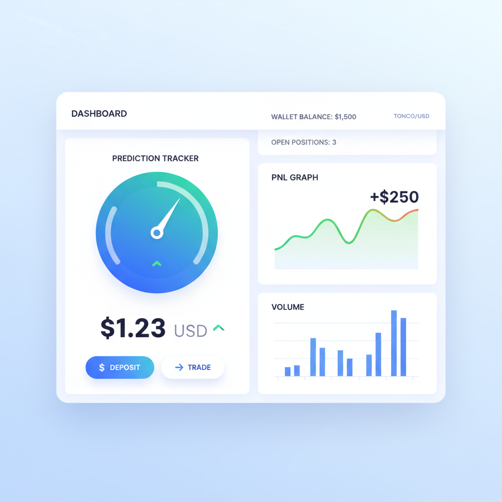 TONCO dashboard with prediction tracker, charts showing $1.23 price and PNL graph, dynamic UI