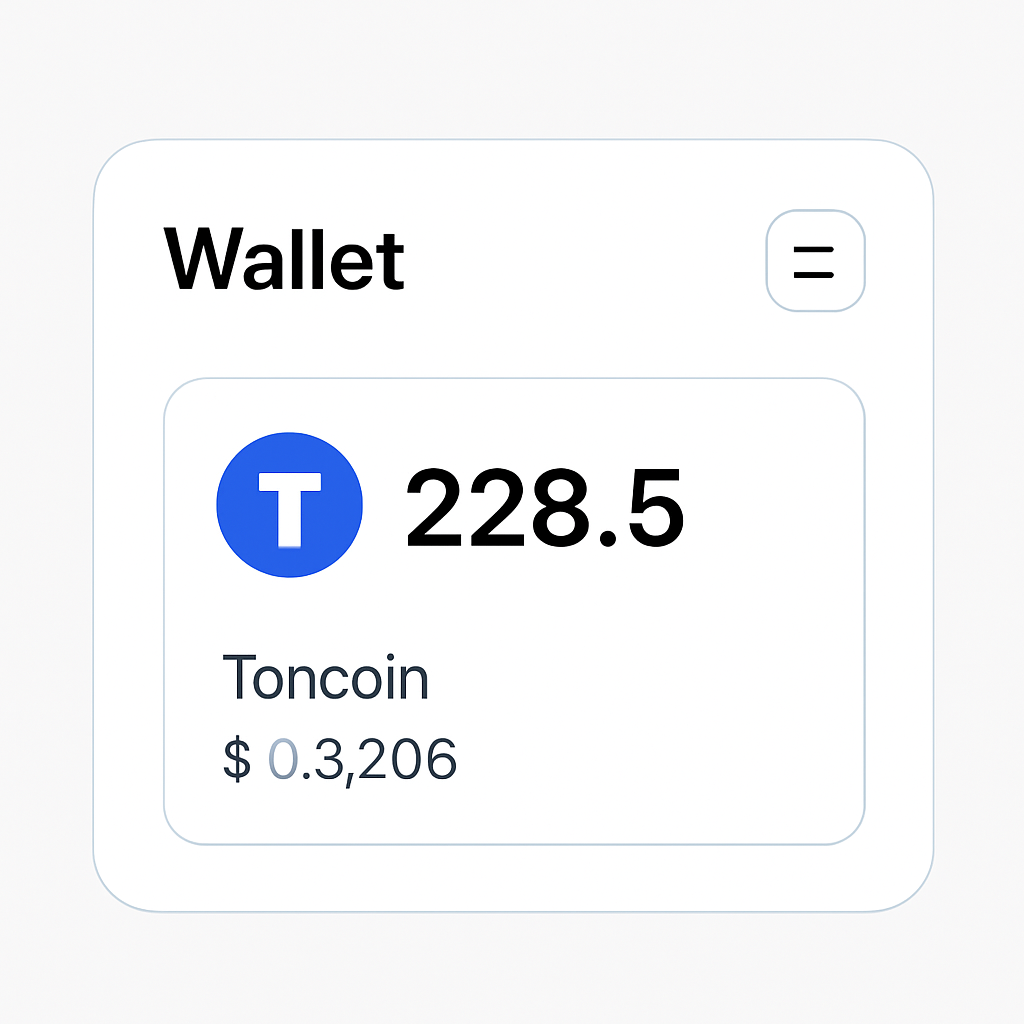 A digital wallet interface showing Toncoin balance and current price ($0.9206), clean and modern UI, financial app style.