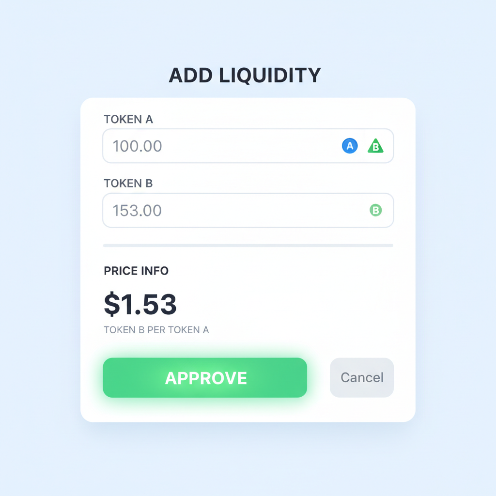 Liquidity add form with amounts filled, approve button glowing, price info $1.53 display