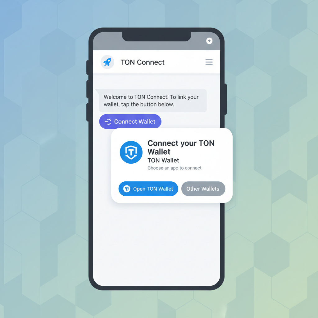 Telegram bot chat showing wallet connect button, TON wallet popup, futuristic crypto interface