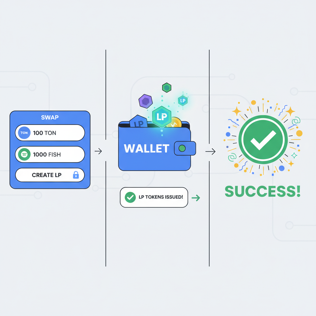 LP tokens issuance confirmation on STON.fi, glowing tokens in wallet, success animation