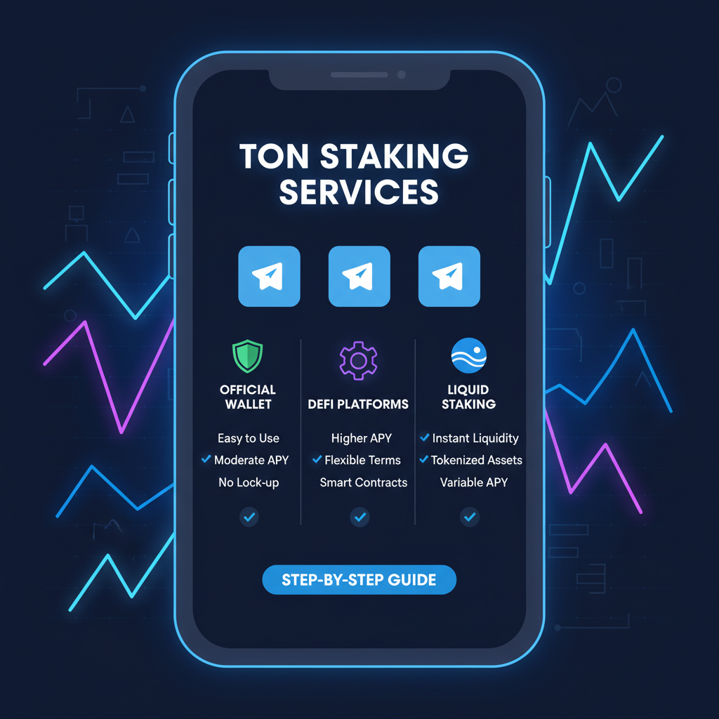 Comparison chart of TON staking services on phone, Telegram icons, neon charts