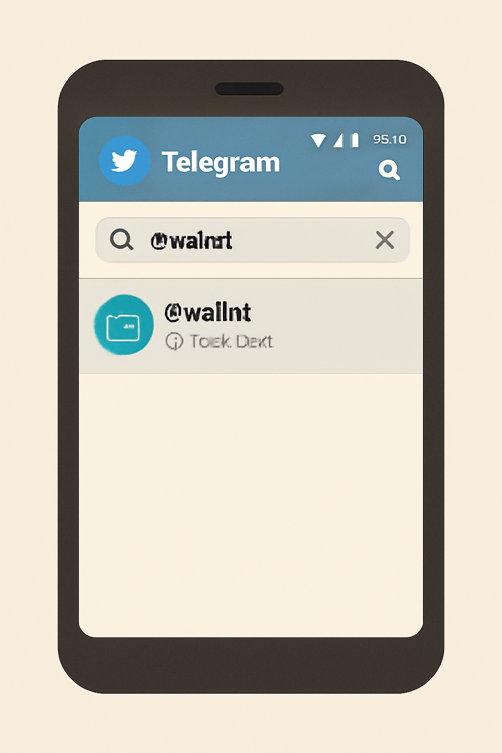 A smartphone screen displaying the Telegram app open, with the search bar showing '@wallet' and the official bot highlighted.