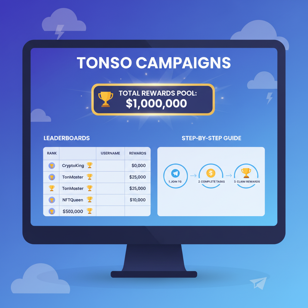 Tonso campaigns page with $1M rewards pool highlighted, leaderboards, Telegram-themed graphics, gold trophy icons