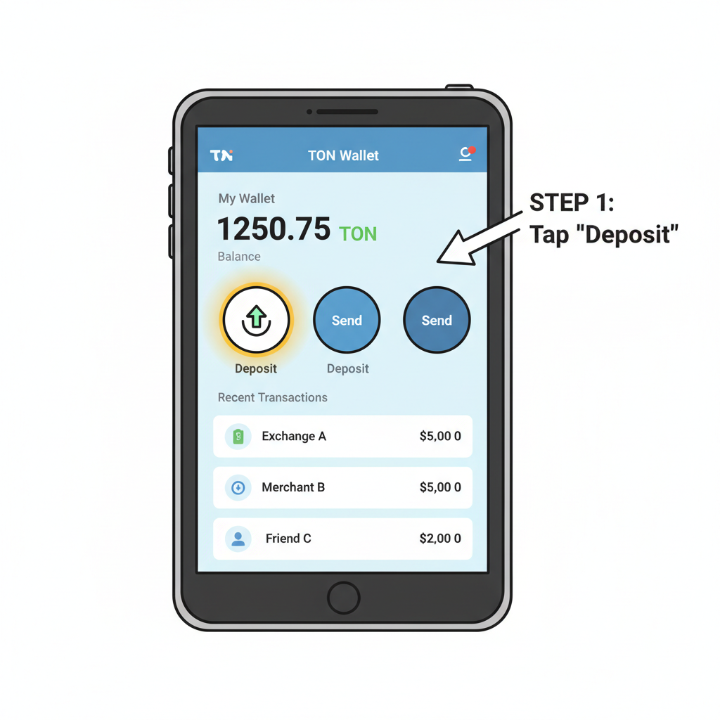 TON Wallet app screen showing deposit button highlighted