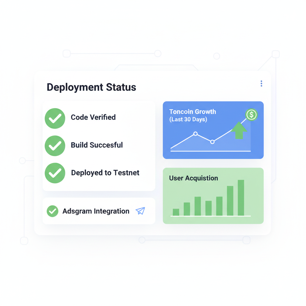 Deployment dashboard for TON Mini App, success checkmarks, Adsgram integration, charts showing Toncoin growth