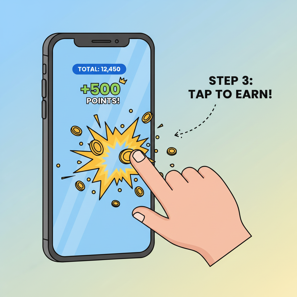 dynamic phone screen with finger tapping exploding coins and points counter