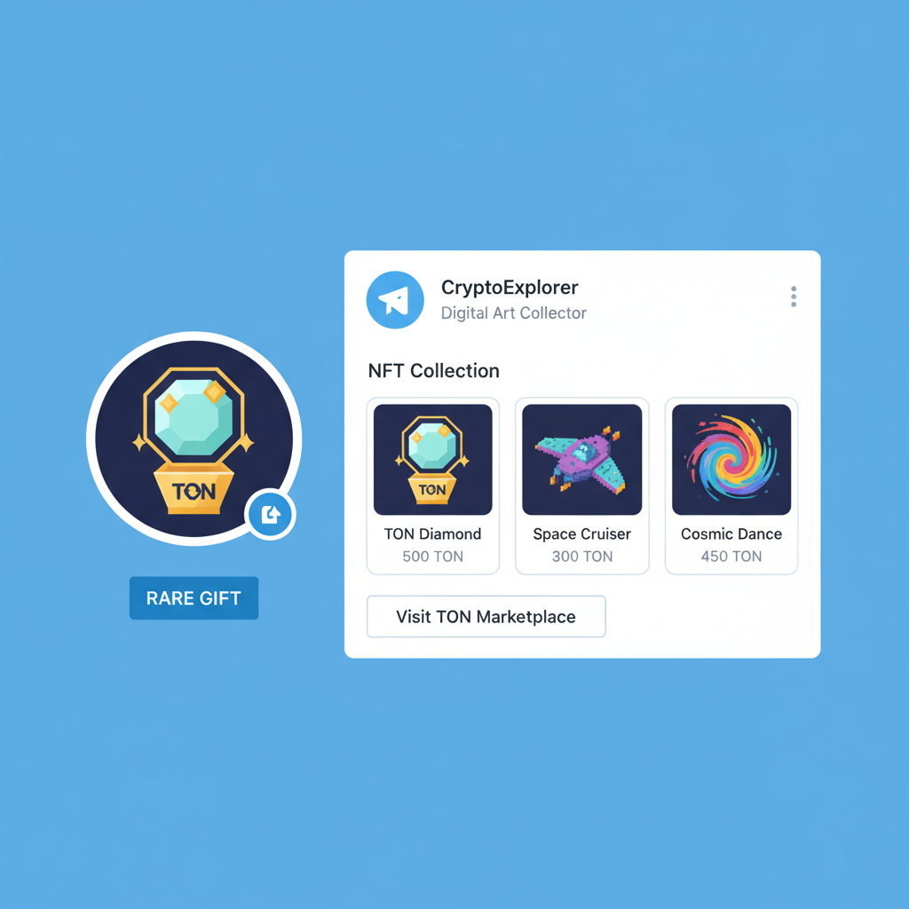 Telegram profile wearing rare NFT gift or TON marketplace trading screen, user collection showcase