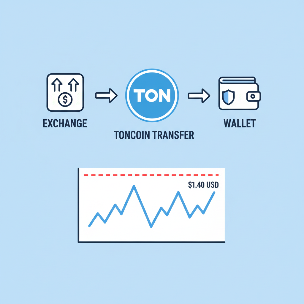 clean graphic of Toncoin transfer from exchange to wallet, price chart $1.40, TON logo