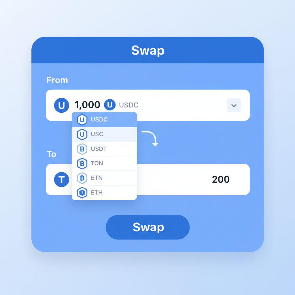 DEX swap screen selecting USDC input token, token list dropdown, blue TON aesthetics
