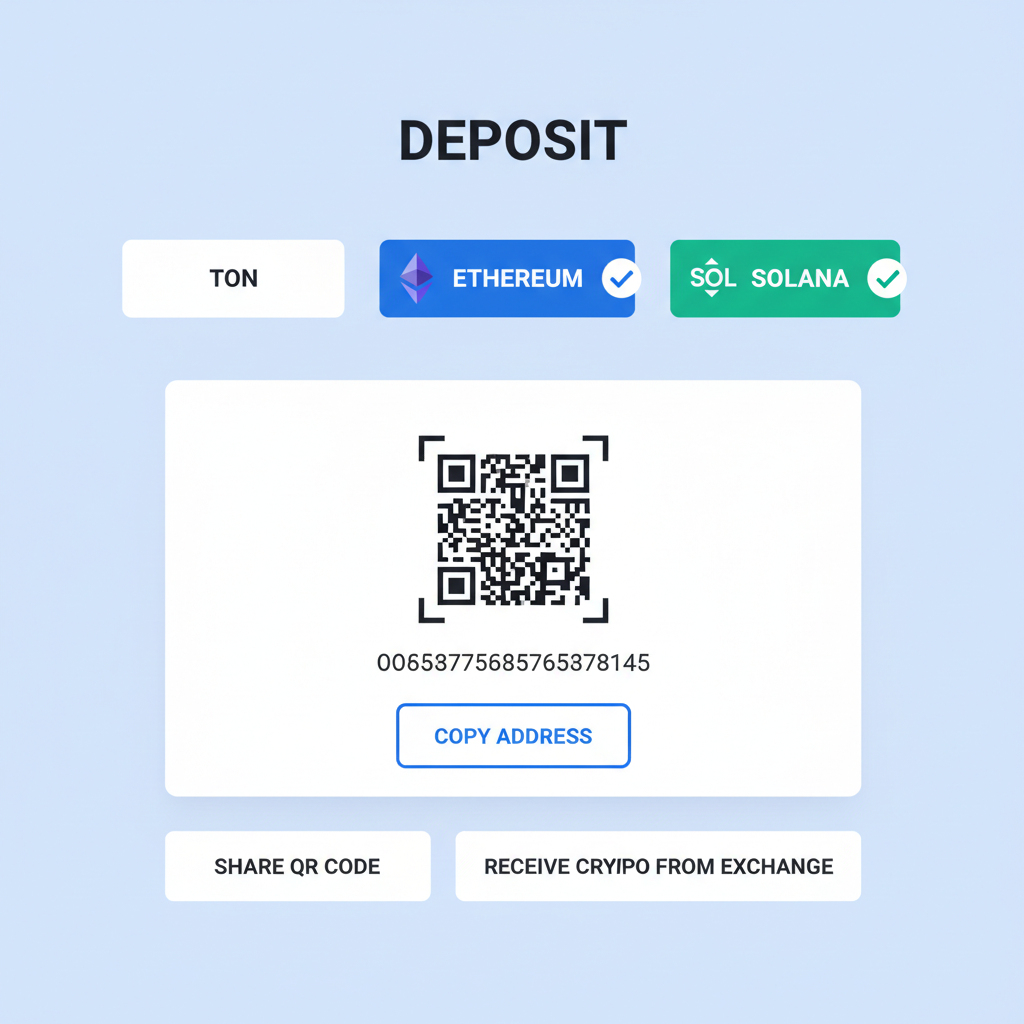TON Wallet deposit menu with Ethereum and Solana chain options selected