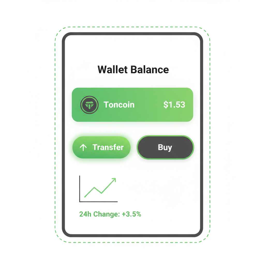 Wallet balance screen showing Toncoin at $1.53, transfer or buy button highlighted, green accents