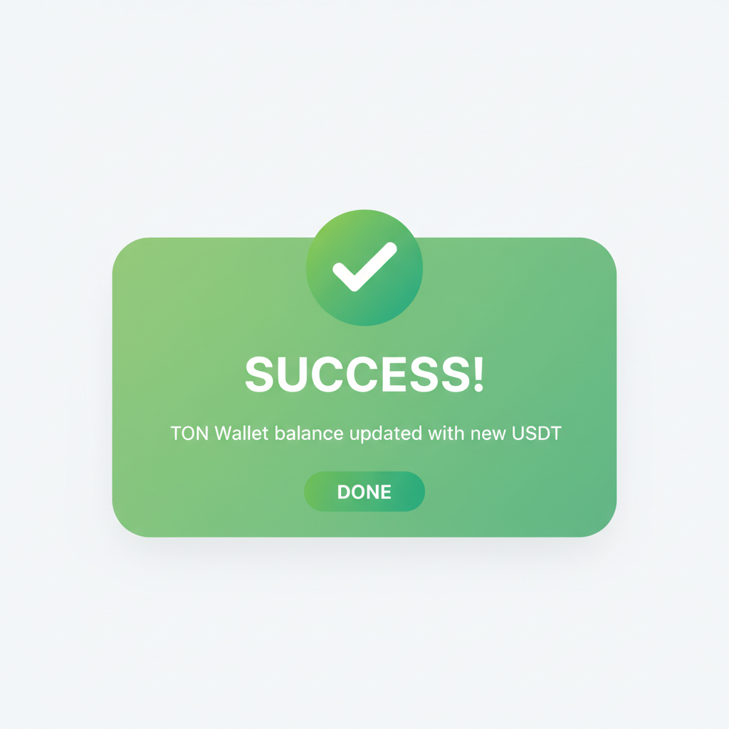 TON Wallet balance updated with new USDT, success notification, green checkmark