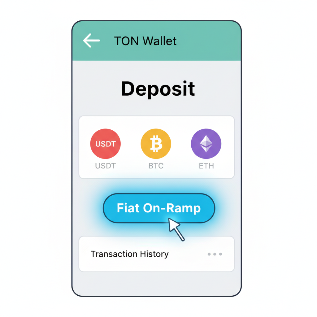 TON Wallet interface showing deposit options for USDT BTC ETH, fiat on-ramp button highlighted