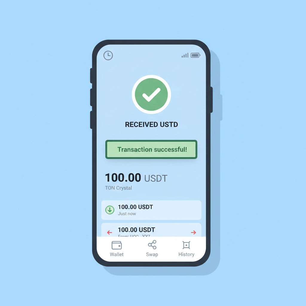 TON Wallet balance screen showing received USDT, success notification