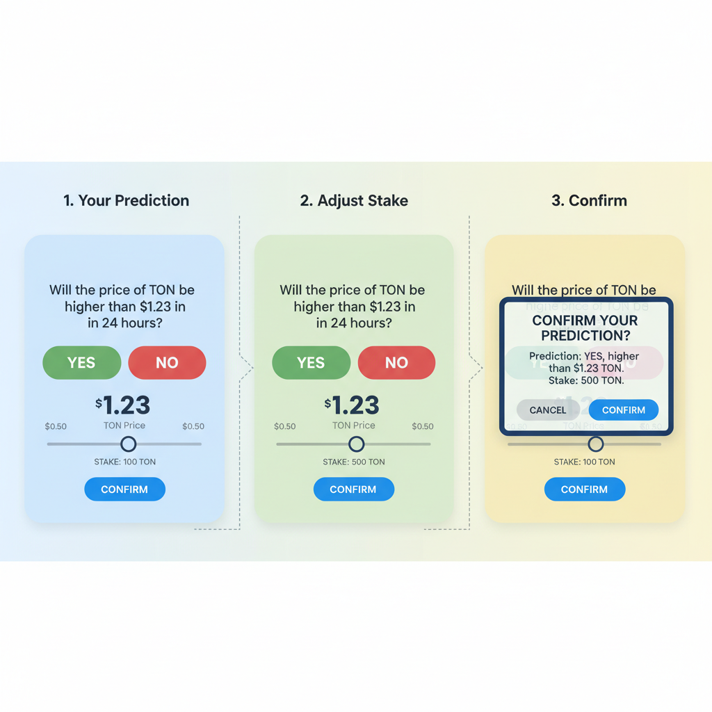 Prediction input screen with yes/no buttons, stake slider at $1.23 TON price, confirmation popup