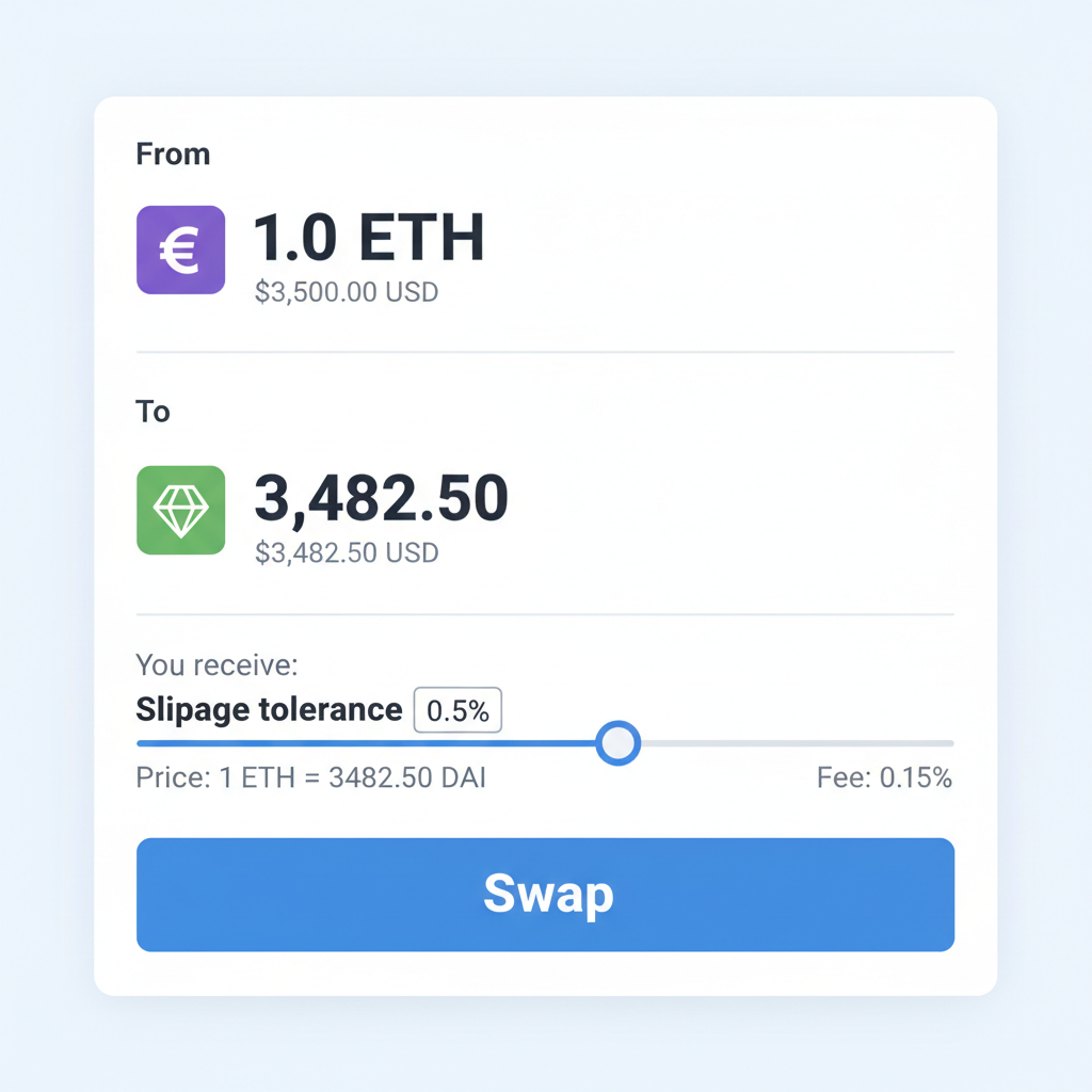 DEX swap form with amount entered, slippage slider at 0.5%, clear numbers