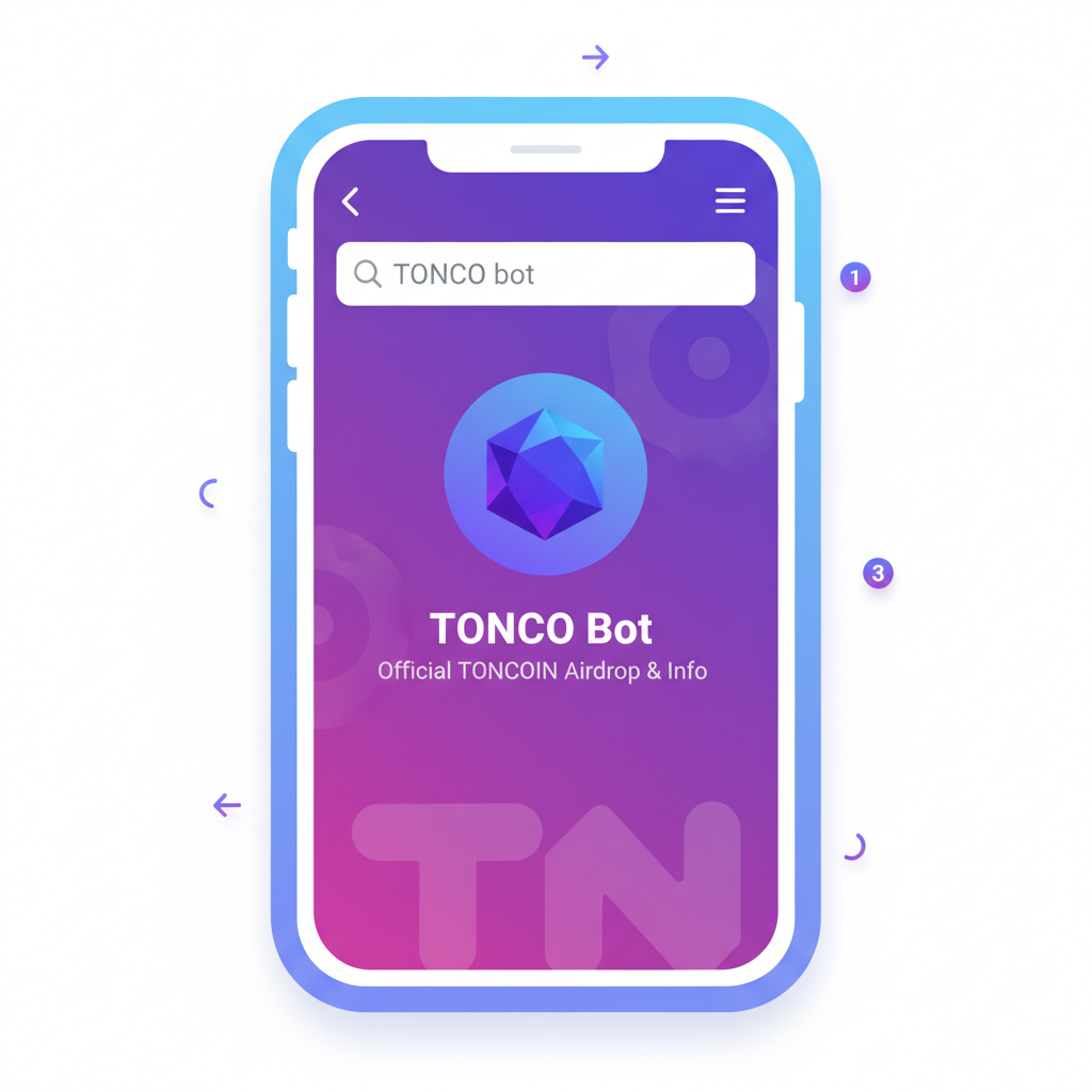 Telegram app search bar with TONCO bot result, vibrant purple TON blockchain theme, clean mobile UI