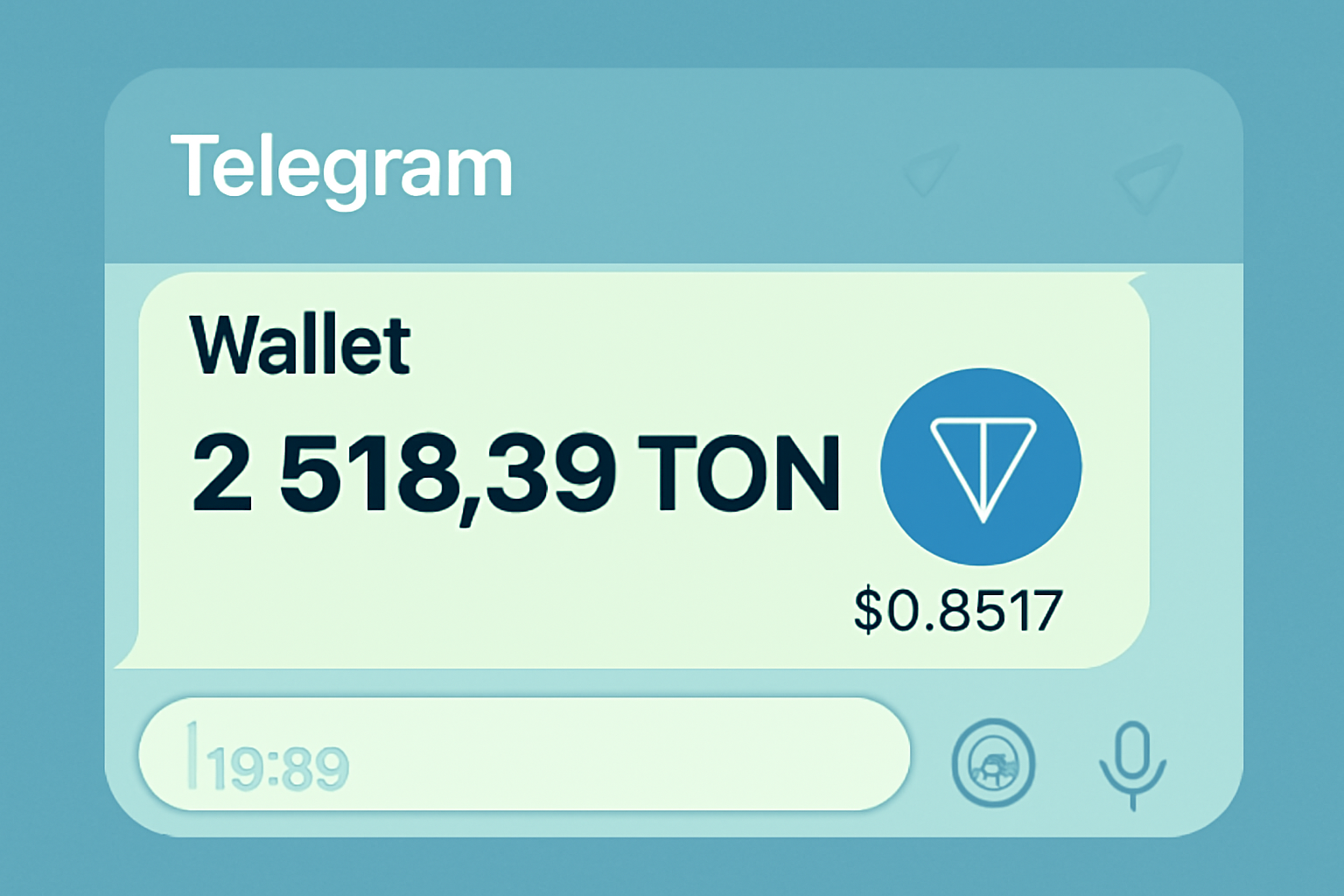 A Telegram chat showing a wallet balance in TON, with the current price $0.9517 displayed next to the Toncoin logo.