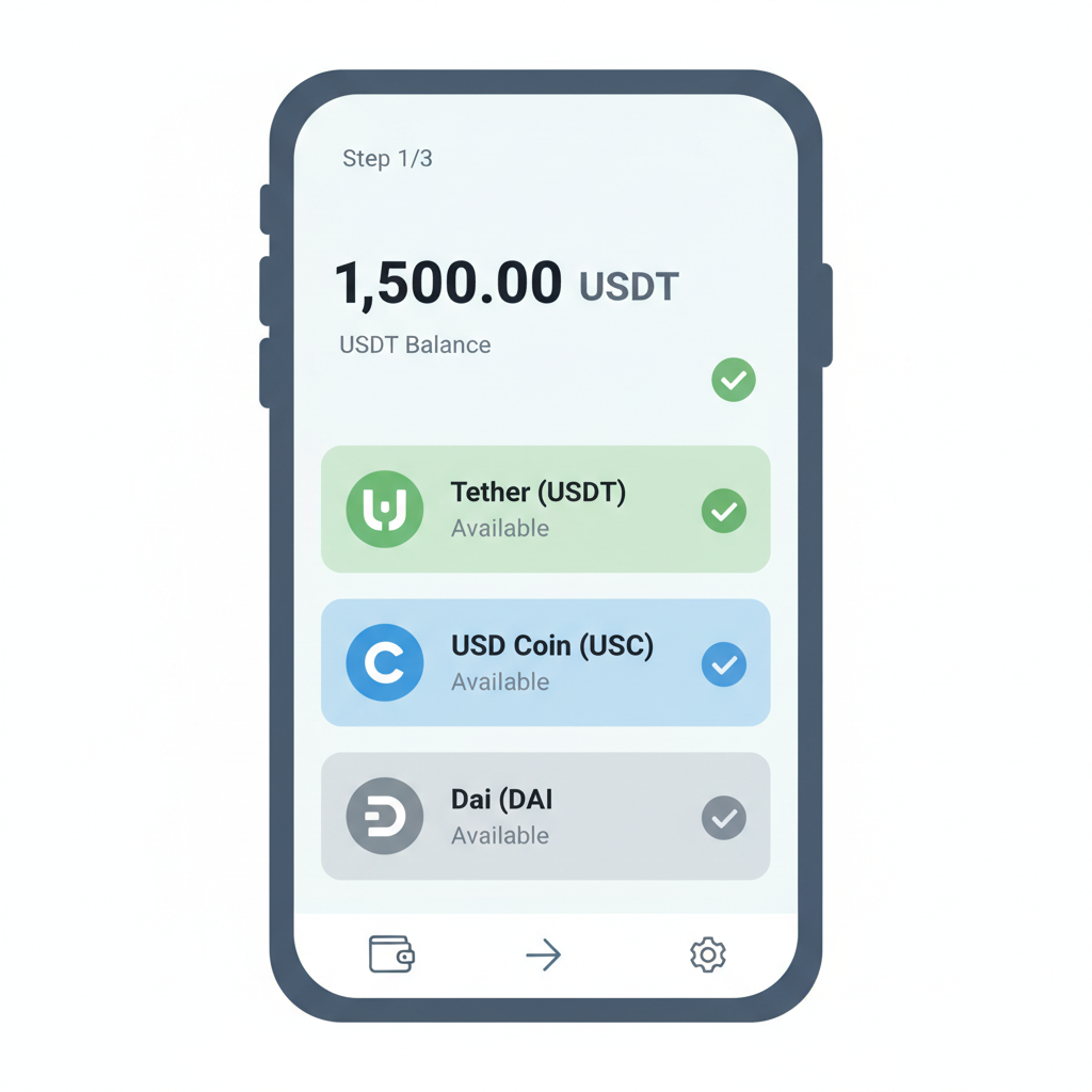 TON Wallet interface displaying USDT balance prominently, stablecoin icons, green checkmarks