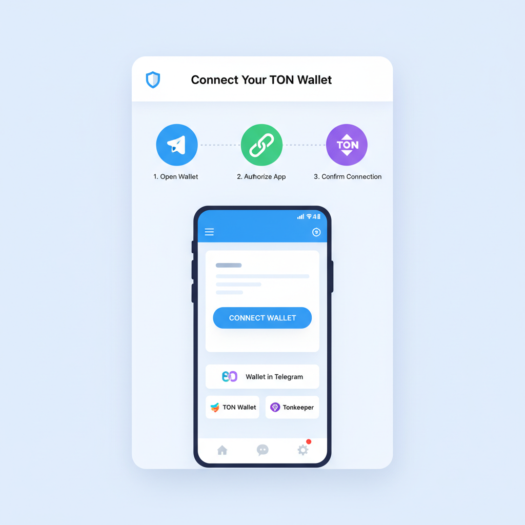 Telegram wallet connection interface, mini-app integration, TON blockchain icons, clean mobile UI